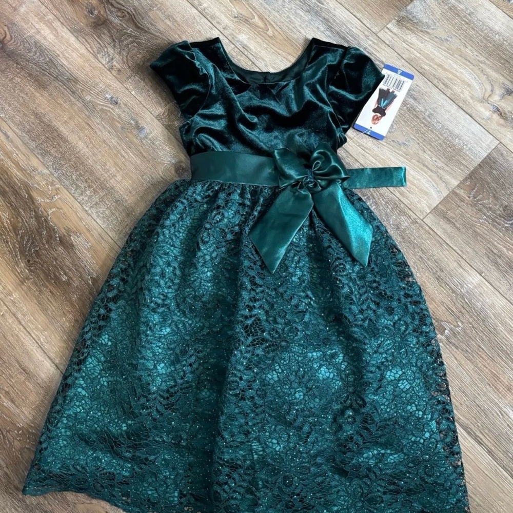 Jona Michelle Teal Velvet and Lace Kids Dress
